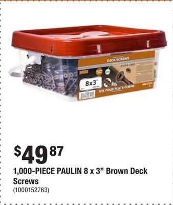 Home Depot 1,000-piece paulin 8 x 3 brown deck screws offer