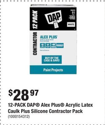 Home Depot 12-pack dap alex plus acrylic latex caulk plus silicone contractor pack offer