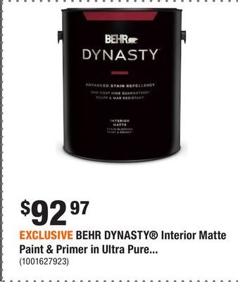Home Depot Exclusive behr dynasty interior matte paint & primer in ultra pure white offer