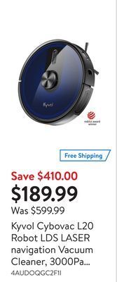 Walmart Kyvol cybovac l20 robot lds laser navigation vacuum cleaner, 3000pa strong suction, 150min runtime & self-charging, voice con offer