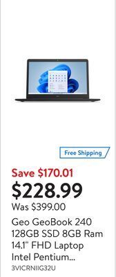 Walmart Geo geobook 240 128gb ssd 8gb ram 14.1 fhd laptop intel pentium silver quad core processor offer