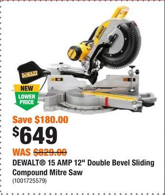 Home Depot Dewalt 15 amp 12 double bevel sliding compound mitre saw offer