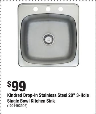 Home Depot Kindred drop-in stainless steel 20 3-hole single bowl kitchen sink offer