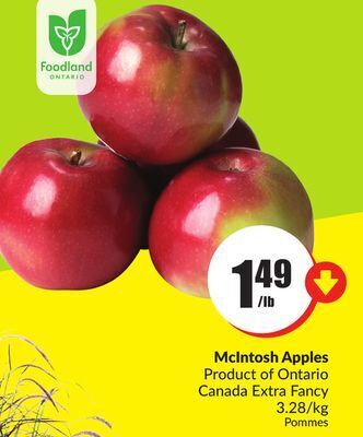 FreshCo Mclntosh apples product of ontario canada extra fancy 3.28/kg offer