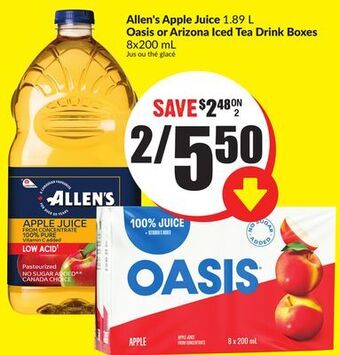 Chalo FreshCo Allen's apple juice 1.89 l oasis or arizona iced tea drink boxes 8x200 ml offer