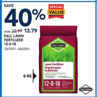 RONA Sta-green fall lawn fertilizer 12-0-18 offer