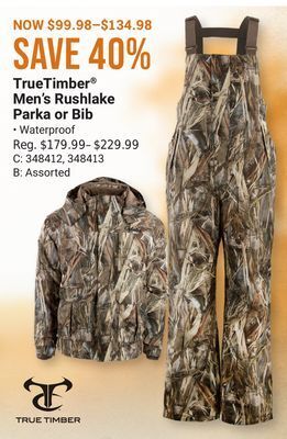 Bass Pro Truetimber men's rushlake parka or bib offer