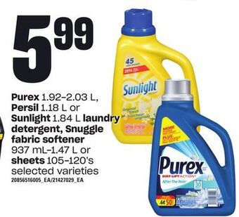 Loblaws Purex 1.92-2.03 l, persil 1.18 l or sunlight 1.84 l laundry detergent, snuggle fabric softener 937 ml-1.47 l or sheets 105-12 offer