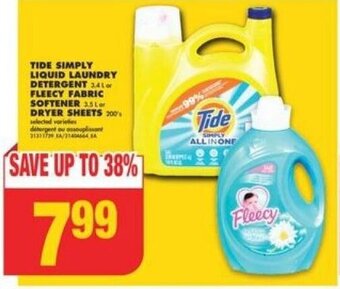 No Frills TIDE SIMPLY LIQUID LAUNDRY DETERGENT or FLEECY FABRIC SOFTENER or DRYER SHEETS offer