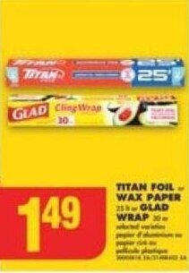 No Frills TITAN FOIL or WAX PAPER or GLAD WRAP offer
