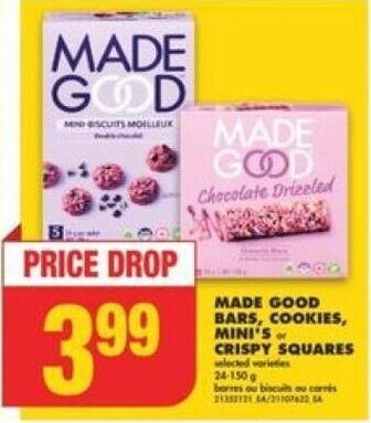 No Frills MADE GOOD BARS, COOKIES, MINI'S or CRISPY SQUARES 24 - 150 g offer