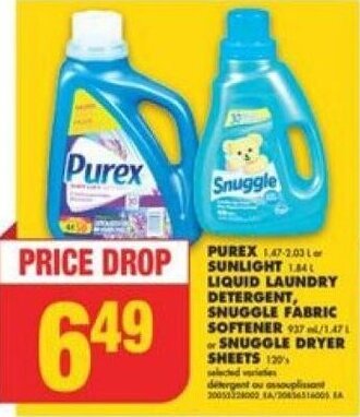 No Frills PUREX or SUNLIGHT LIQUID LAUNDRY DETERGENT, SNUGGLE FABRIC SOFTENER or SNUGGLE DRYER SHEETS offer