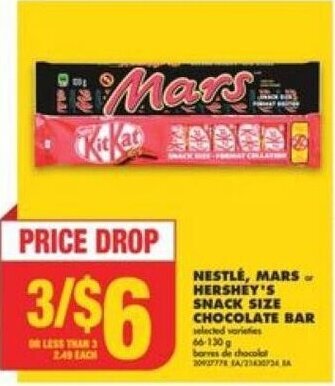 No Frills NESTLE, MARS or HERSHEY'S SNACK SIZE CHOCOLATE BAR offer