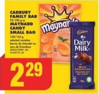 No Frills CADBURY FAMILY BAR or MAYNARD CANDY SMALL BAG offer