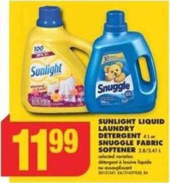 No Frills SUNLIGHT LIQUID LAUNDRY DETERGENT or SNUGGLE FABRIC SOFTENER offer