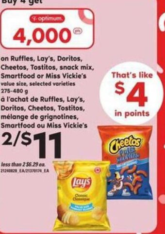 Atlantic Superstore on Ruffles, Lay's, Doritos, Cheetos, Tostitos, snack mix, Smartfood or Miss Vickie's value size, selected varieties 275-480 g offer