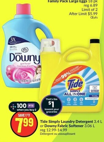 FreshCo Tide Simply Laundry Detergent 3.4 L or Downy Fabric Softener 3.06 L offer