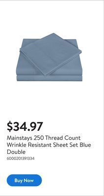 Walmart Mainstays 250 thread count wrinkle resistant sheet set blue double offer