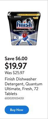 Walmart Finish dishwasher detergent, quantum ultimate, fresh, 72 tablets offer