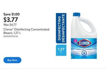 Walmart Clorox disinfecting concentrated bleach, 1.27 l offer