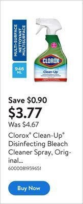Walmart Clorox clean-up disinfecting bleach cleaner spray, original scent, 946 ml offer