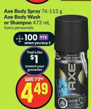FreshCo Axe Body Spray 76-113 g Axe Body Wash or Shampoo 473 mL offer