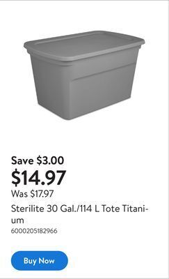 Walmart Sterilite 30 gal./114 l tote titanium offer