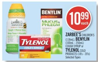 Shoppers Drug Mart Zarbee's children's (118ml), benylin (100ml - 250ml) cough syrup or tylenol cold products (18's - 20's) offer
