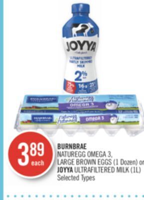 Shoppers Drug Mart Burnbrae naturegg omega 3, large brown eggs (1 dozen) or joyya ultrafiltered milk (1l) offer