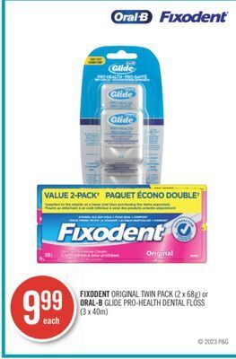 Shoppers Drug Mart Fixodent original twin pack (2 x 68g) or oral-b glide pro-health dental floss (3 x 40m) offer