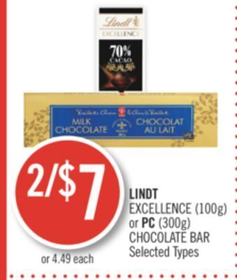 Shoppers Drug Mart Lindt excellence (100g) or pc (300g) chocolate bar offer