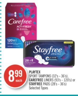 Shoppers Drug Mart Playtex sport tampons (32's - 36's), carefree liners (93's - 120's) or stayfree pads (28's - 36's) offer