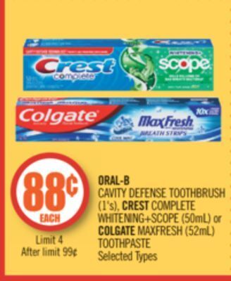 Shoppers Drug Mart Oral-b cavity defense toothbrush (1's), crest complete whitening+scope (50ml) or colgate maxfresh (52ml) toothpaste offer