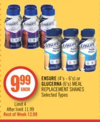 Shoppers Drug Mart Ensure (4's - 6's) or glucerna (6's) meal replacement shakes offer