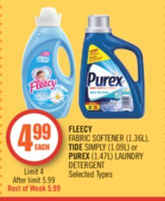 Shoppers Drug Mart Fleecy fabric softener (1.36l), tide simply (1.09l) or purex (1.47l) laundry detergent offer