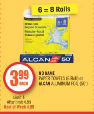 Shoppers Drug Mart No name paper towels (6 roll) or alcan aluminum foil (50') offer