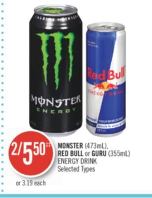 Shoppers Drug Mart Monster (473ml), red bull or guru (355ml) energy drink offer