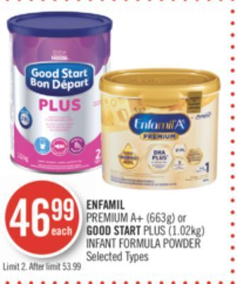 Shoppers Drug Mart Enfamil premium a+ (663g) or good start plus (1.02kg) infant formula powder offer