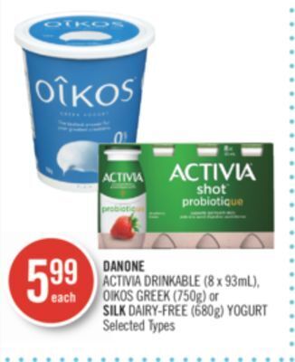 Shoppers Drug Mart Danone activia drinkable (8 x 93ml), oikos greek (750g) or silk dairy-free (680g) yogurt offer