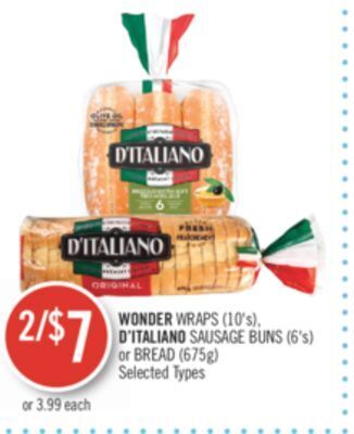 Shoppers Drug Mart Wonder wraps (10's), d'italiano sausage buns (6's) or bread (675g) offer