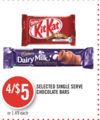 Shoppers Drug Mart Selected single serve chocolate bars offer