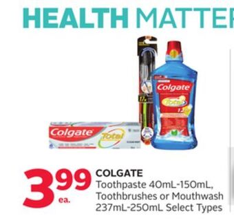 Rexall Colgate toothpaste 40ml-150ml, toothbrushes or mouthwash 237ml-250ml offer