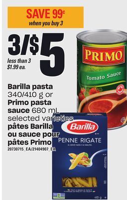 Independent City Market Pâtes barilla, 340/410 g ou sauce pour pâtes primo, 680 ml offer