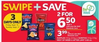 Rexall Ruffles 190g-200g or doritos 210g-235g offer