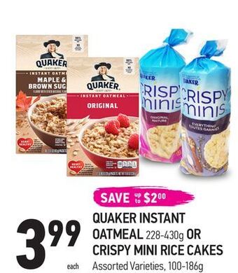 Coppa's Fresh Market Quaker instant oatmeal 228-430g or crispy mini rice cakes offer