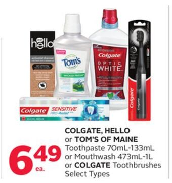 Rexall Colgate, hello or tom's of maine toothpaste 70ml-133ml or mouthwash 473ml-1l or colgate toothbrushes offer