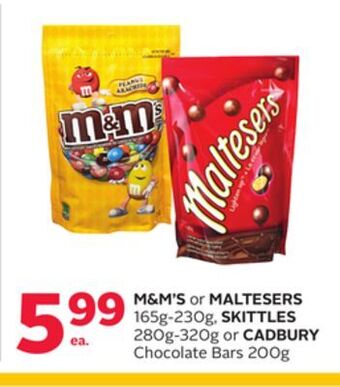 Rexall M & m' s or maltesers 165g-230g, skittles 280g-320g or cadbury chocolate bars 200g offer