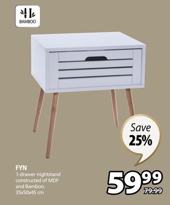 JYSK Fyn 1-drawer nightstand constructed of mdf and bamboo offer