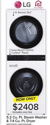 Leon's Lg white front load lg washtower with centre control 5.2 cu.ft. steam washer and 7.4 cu. ft. electric dryer - wke100hwa offer
