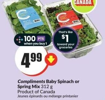 FreshCo Compliments Baby Spinach or Spring Mix 312 g offer